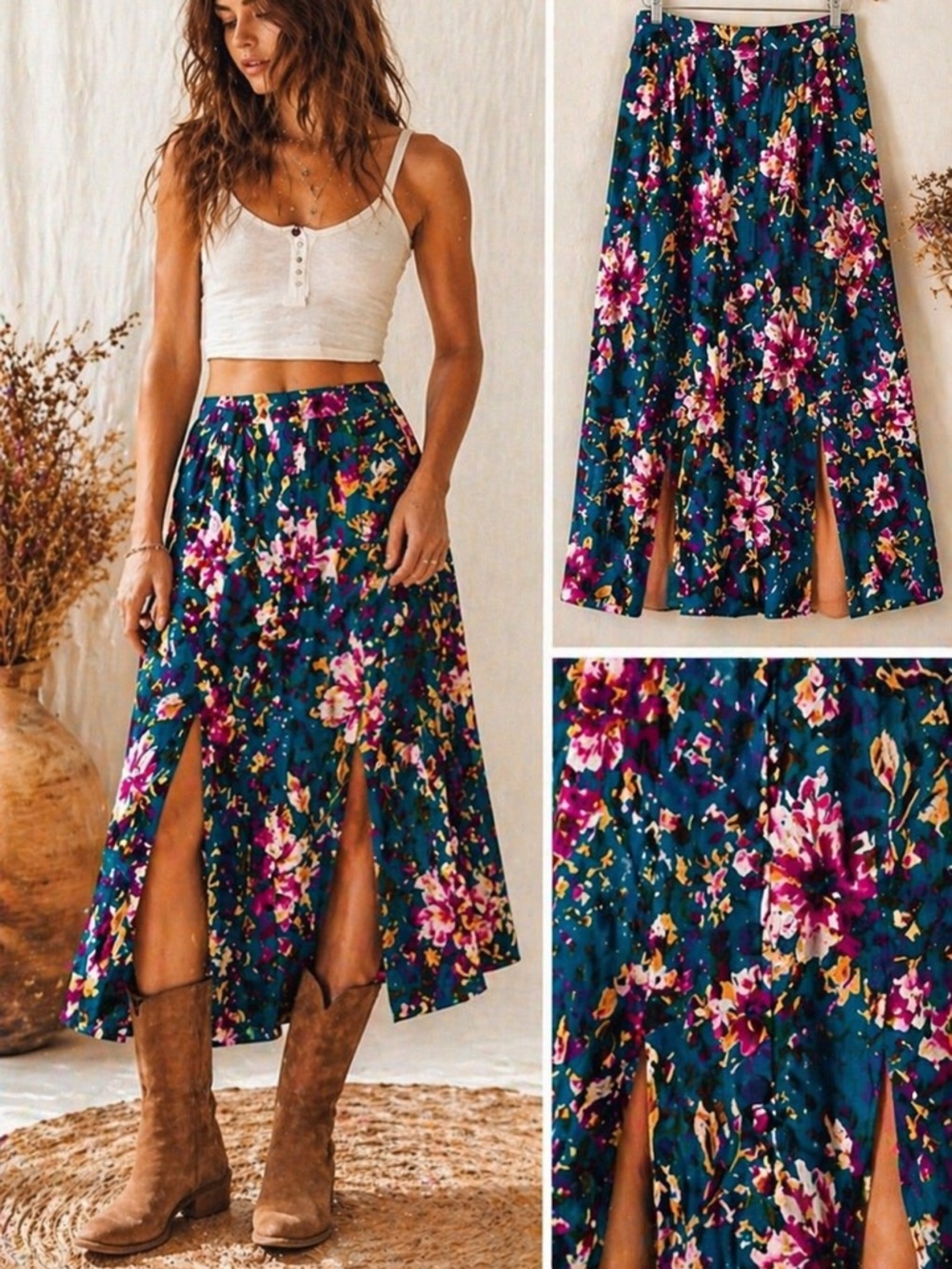 Band of the Free Skirt XS NWT Pine Plum Floral Midi Button Front Boho